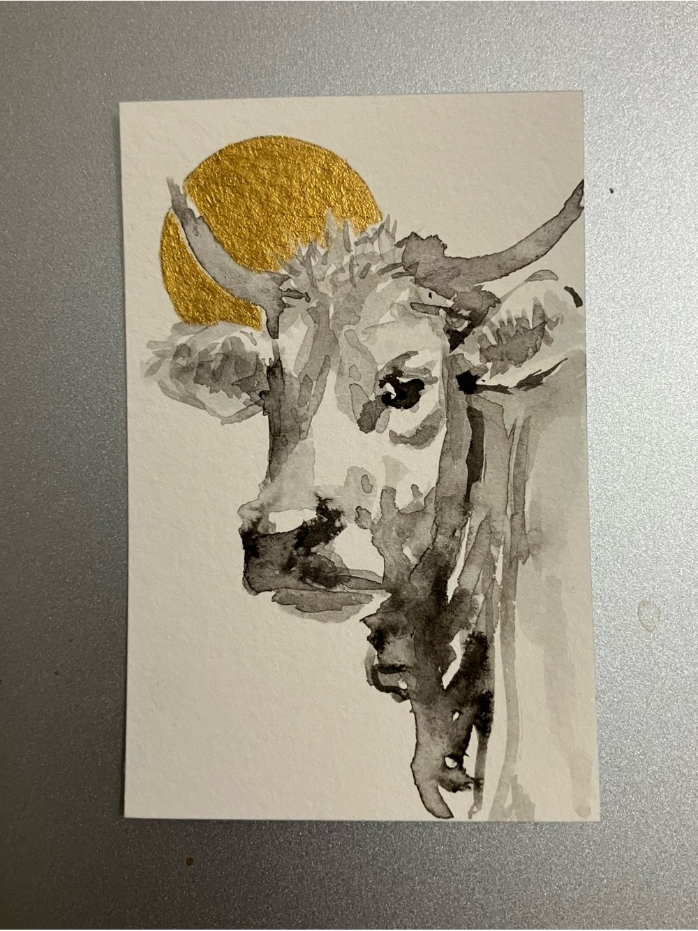 Original cow miniature realism painting sumi-e style art farm gold accents USA